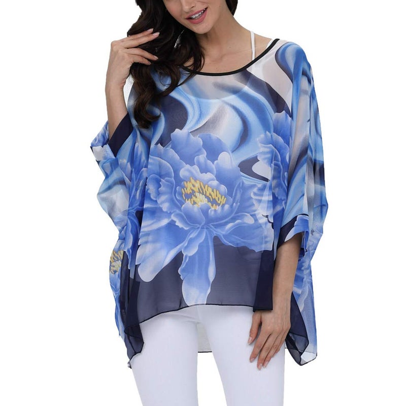 Ckikiou Plus Size Batwing Flowy Semi Sheer Chiffon Blouse Tunic for Women Summer Floral Print Boho Beach Cover ups - Image 5